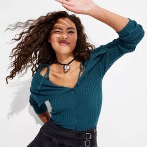 WILD FABLE Teal Ribbed Button-Up Top